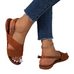 Solid color round toe buckle strap casual sandals for women