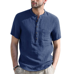 Men's Henley Collar Solid Color Short Sleeve Cotton and Linen Shirt