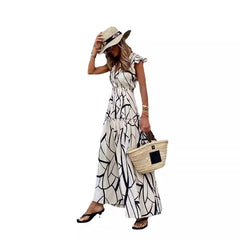 Geometric print V-neck ruffled long skirt