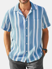 2024 Men's Casual Fashion Striped Contrast Color Short Sleeve Shirt