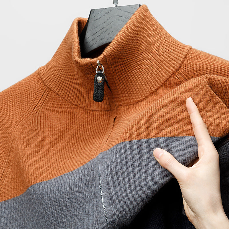 striped stand collar jacquard casual sweater