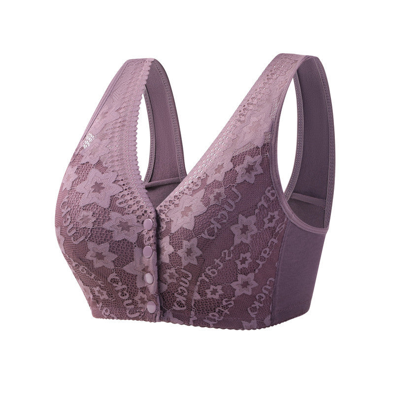 Front Button Lace Wireless Wide Strap Bra