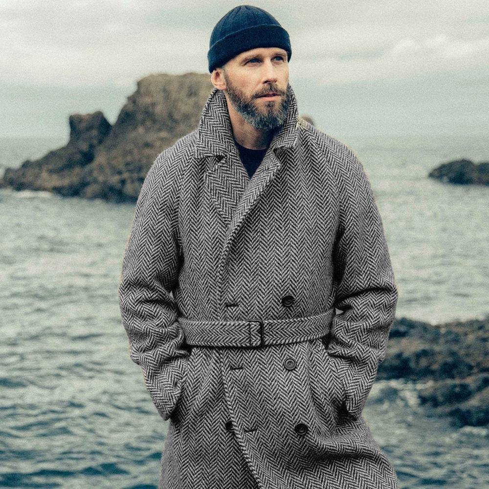 Men's Woolen Plaid Double-breasted Cotton Thick Coat