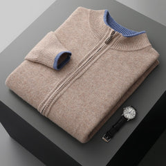 Men's Contrasting Half Turtleneck Zip-up Wool Knit Cardigan
