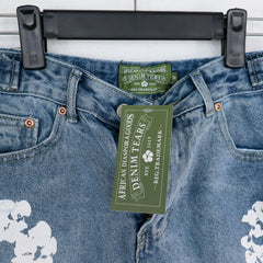 Men's Kapok Denim Shorts White Garland Printed Cropped Pants