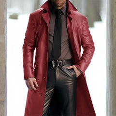 2024 New Men's Long Lapel Leather Trench Coat