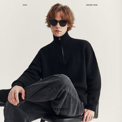 Loose fit half-zip lapel polo sweater