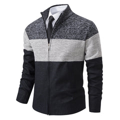 Men's Stand Collar Color Matching Plus Velvet Thickened Knitted Jacket