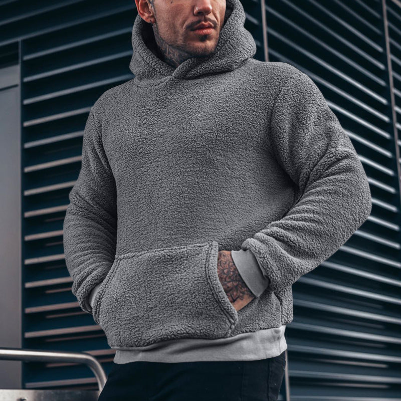 Men's Fashion Solid Color Plush Hooded Sweatshirt