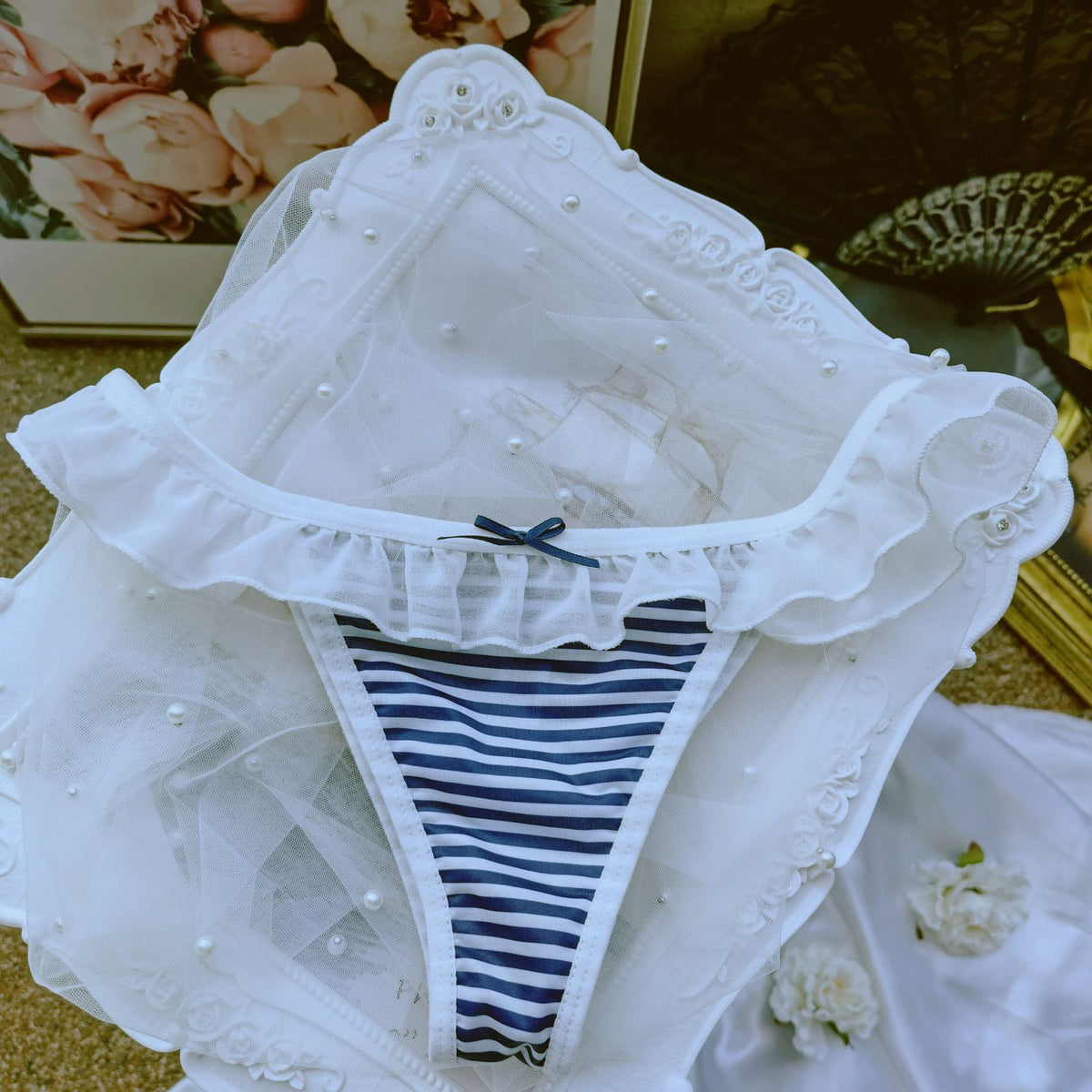 Japanese Blue and White Navy Striped Chiffon Cute Thong