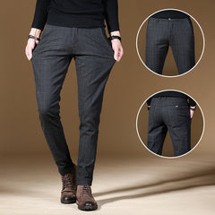 Men's Plaid Cotton and Linen Stretch Casual Trousers