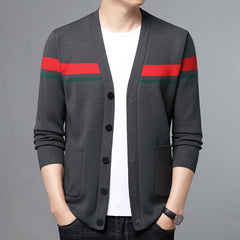 Men's V-neck Striped Wool Cardigan