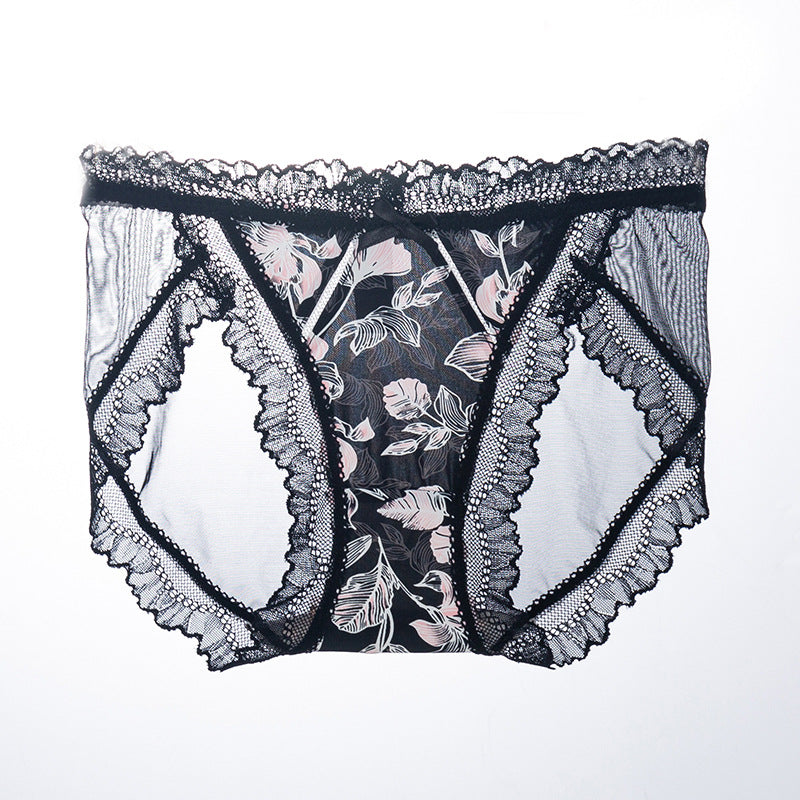 New Ice Silk Printed Lace Breathable Mesh Briefs