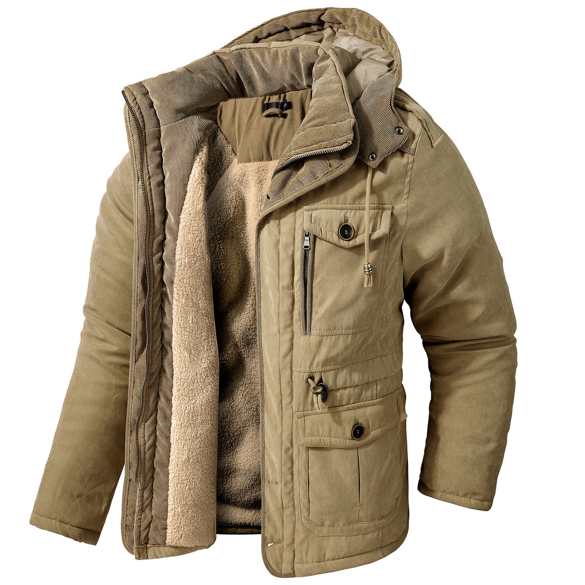 Men's Thick Multi-Pocket Lambswool Hooded Cotton Jacket