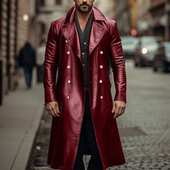 Retro Large Size Long Double Breasted Leather Jacket Coat