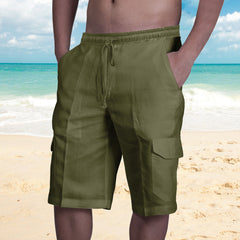 2024 Men's New Linen Multi-Pocket Drawstring Beach Shorts