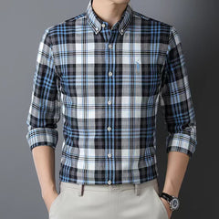 Men's 100% Cotton Business Casual Loose Plaid Embroidered Shirt