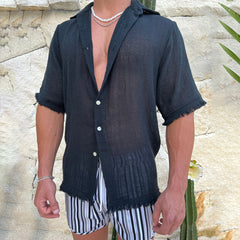 Men's Cotton Linen Casual Loose Solid Color Shirt