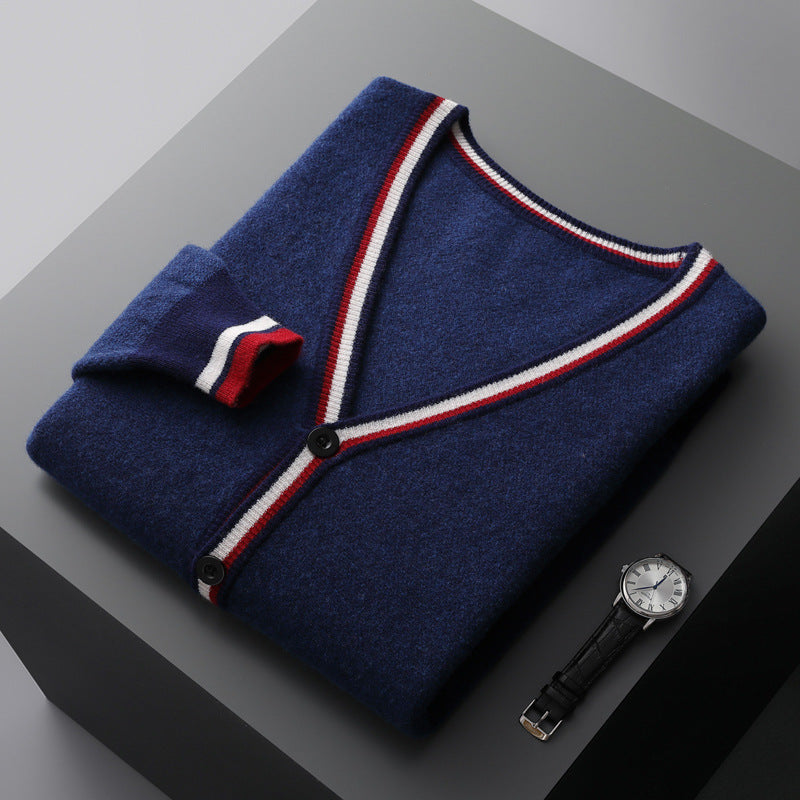 Men's Winter V-neck Striped Wool Cardigan