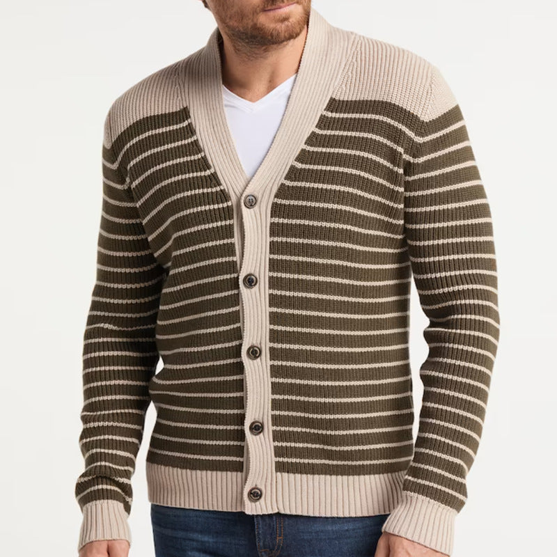 New Men's V-neck Striped Cardigan Long Sleeve Sweater