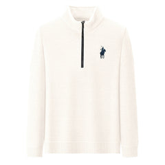 Half-zip high-neck solid color embroidered sweater