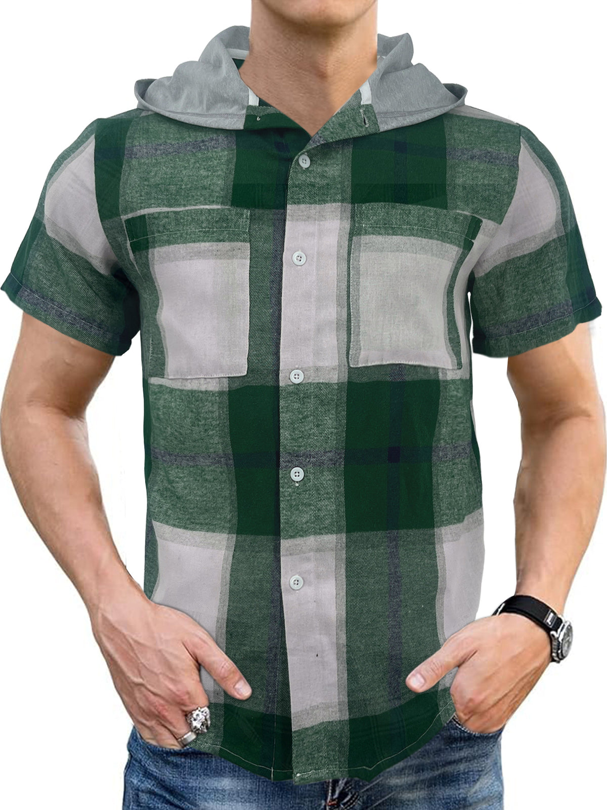 2024 New Men's Casual Hooded Plaid Shirt
