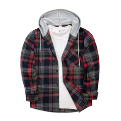 Men's 2024 New Loose Casual Long-sleeved Hooded Plaid Shirt