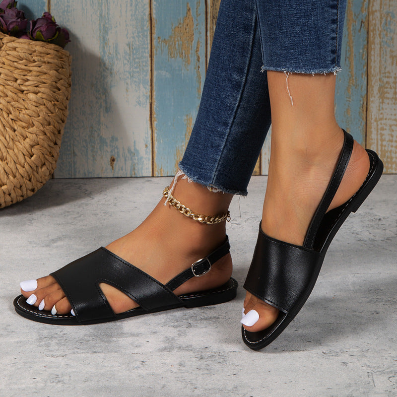 Solid color round toe buckle strap casual sandals for women