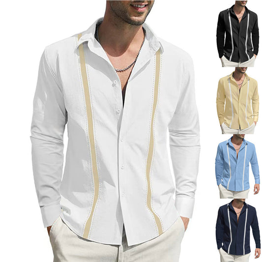 Men's Lapel Collar Colorblock Linen Loose Casual Shirt
