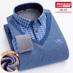 Men's Fake Two-piece Velvet Thickened Loose Casual Knitted Shirt