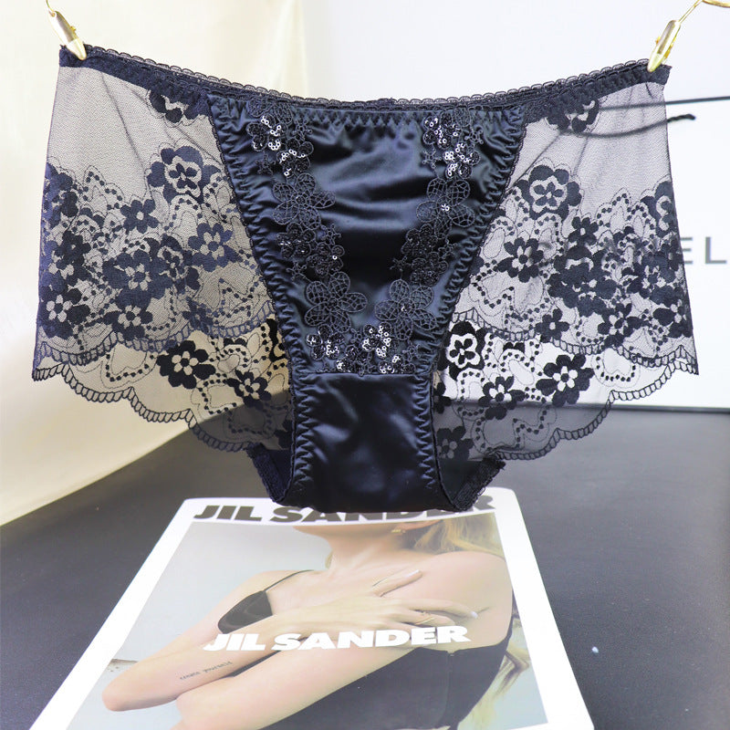Sexy Embroidered Lace Satin Briefs