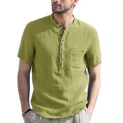 Men's Henley Collar Solid Color Short Sleeve Cotton and Linen Shirt