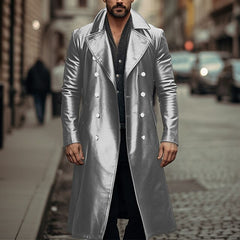 Retro Large Size Long Double Breasted Leather Jacket Coat