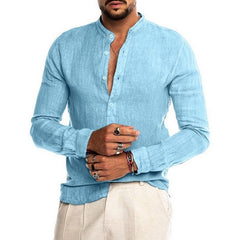 Men's Solid Color Stand Collar Casual Long Sleeve Shirt