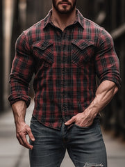 Men's New Plaid Print Velvet Shirt