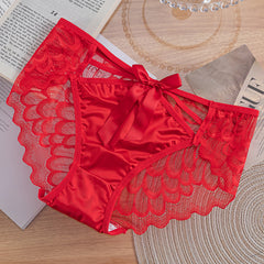 Satin Sexy Breathable Lace Bowknot Hollow Low-Rise Briefs