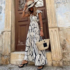 Geometric print V-neck ruffled long skirt