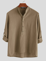 Men's Casual Loose Solid Color Cotton Linen Long Sleeve Shirt