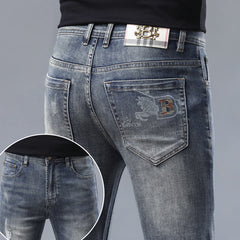 New high-end stretch vintage blue print jeans