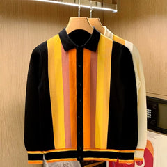 Men's Retro Color Block Vertical Stripe Knitted Cardigan