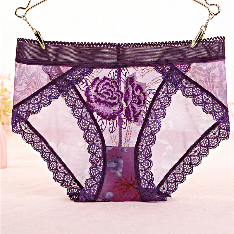 Lace mesh embroidered transparent panties