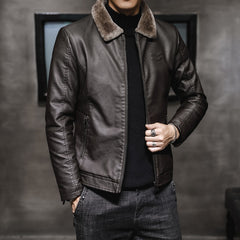Men's Lapel Velvet Thickened Leather Jacket