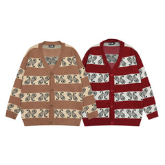 Retro Printed Striped Knitted Cardigan