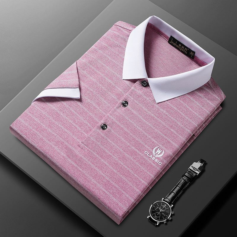 Men's Casual Business Embroidery Striped Short-sleeved Polo Shirt