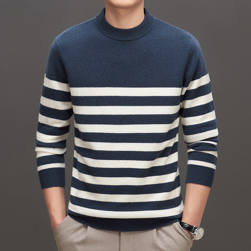 Men's 100% Pure Wool Fashionable and Versatile Warm Striped Sweater