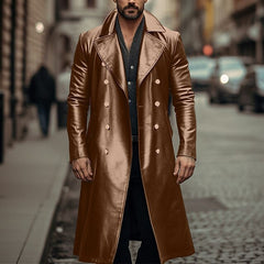 Retro Large Size Long Double Breasted Leather Jacket Coat