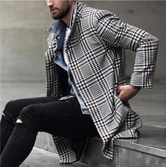 Men's Fashion Lapel Single Breasted Plaid Trench Coat