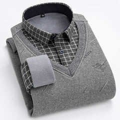 2023 Men's Thermal Fake Two-Piece Long Sleeve Shirt