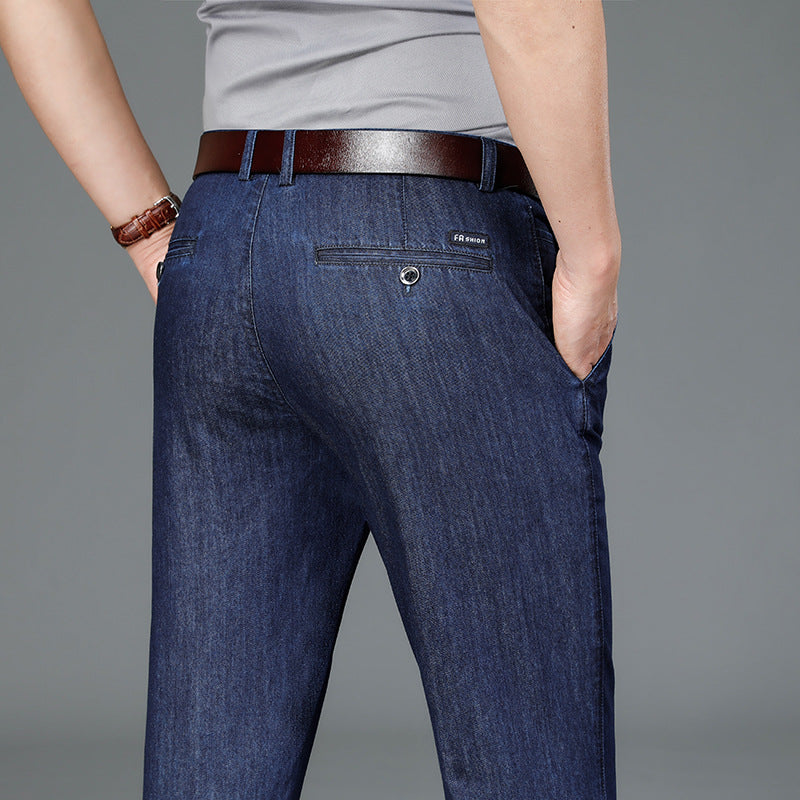 Men's Pure Cotton Thin High Waist Slim Straight Business Casual Jeans