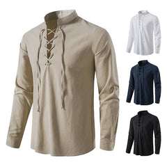 Men's V-neck Lace-up Cotton and Linen Loose Casual Stand-collar Shirt